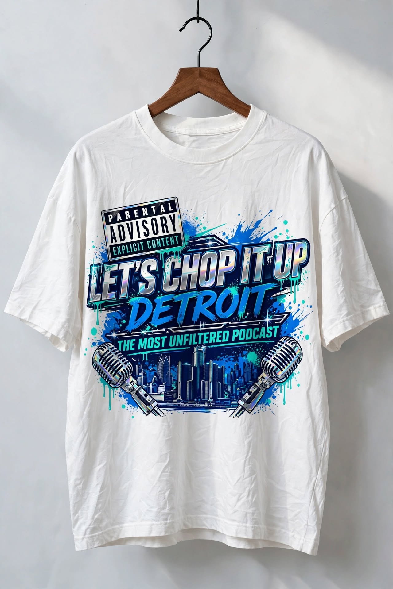 White Let's Chop It Up Detroit skyline tee